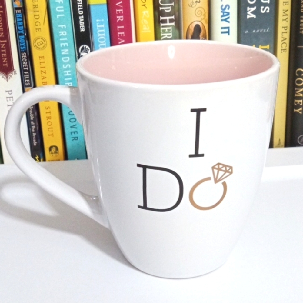 WEDDING RING "I DO" COFFEE MUG - White and Pink - 20oz. CUP - Picture 7 of 7